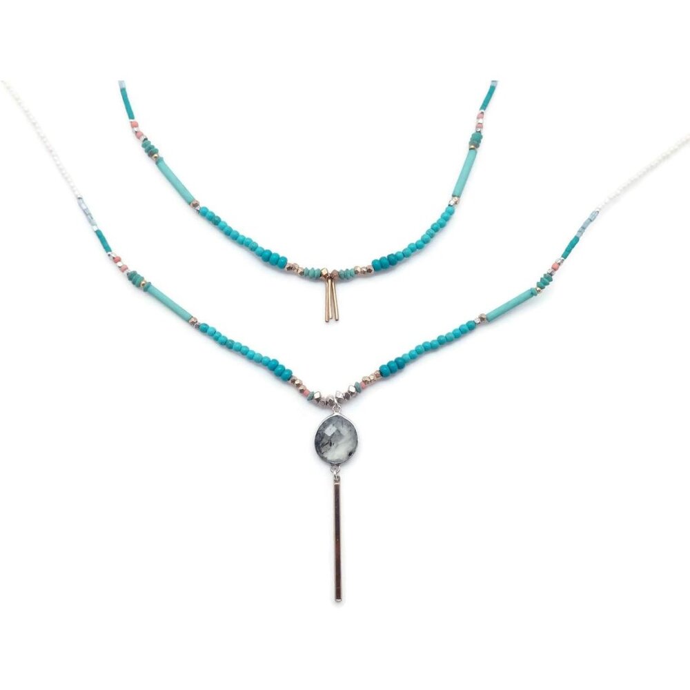 Nakamol Aqua White Mix Mineral Stone Crystal Beaded Layered Necklace Choker NEW